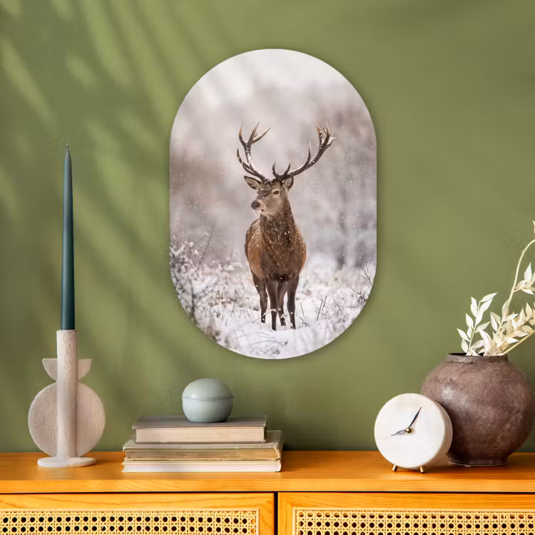 Edelhert - Bos - Sneeuw - Winter - Majestueus Wandcirkel Ovaal Forex klein -sfeer2