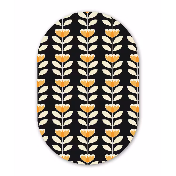 Retro - Bloem - Zwart - Okergeel Wandcirkel Ovaal Forex klein 630 -3d