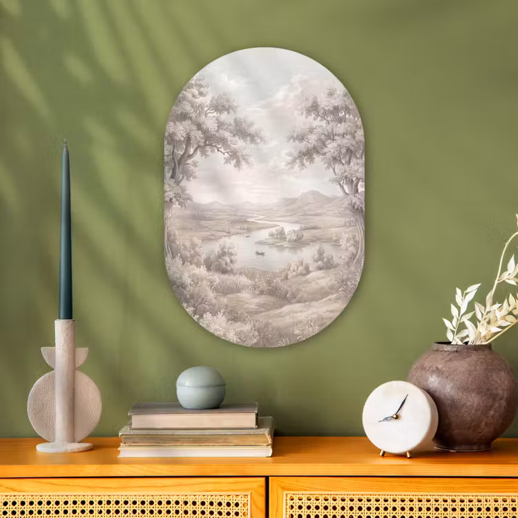 Rivierlandschap - Bergen - Natuur - Vintage - Beige Wandcirkel Ovaal Forex klein -sfeer2