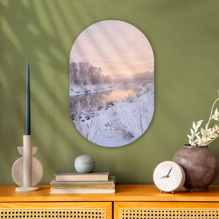 Rivier - Winter - Landschap - Sneeuw - Zonsopgang Wandcirkel Ovaal Forex klein -sfeer2