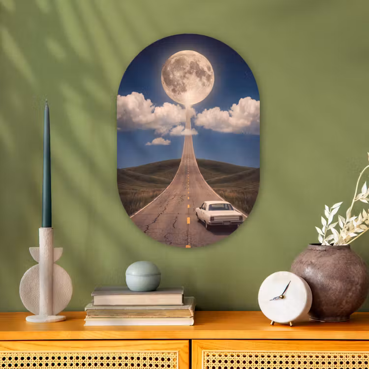 Oval - Plastic - Road - Moon - Night - Weg - Maan - Nacht Wandcirkel Ovaal Forex klein