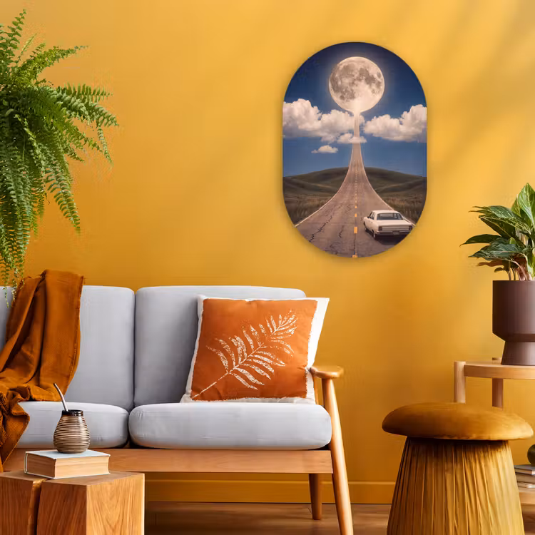Oval - Plastic - Road - Moon - Night - Weg - Maan - Nacht Wandcirkel Ovaal Forex klein