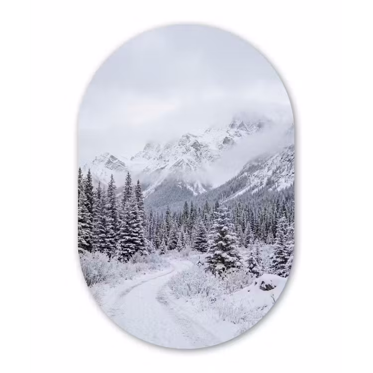Weg - Bergen - Sneeuw - Naaldbos - Avontuurlijk Wandcirkel Ovaal Forex klein -3d