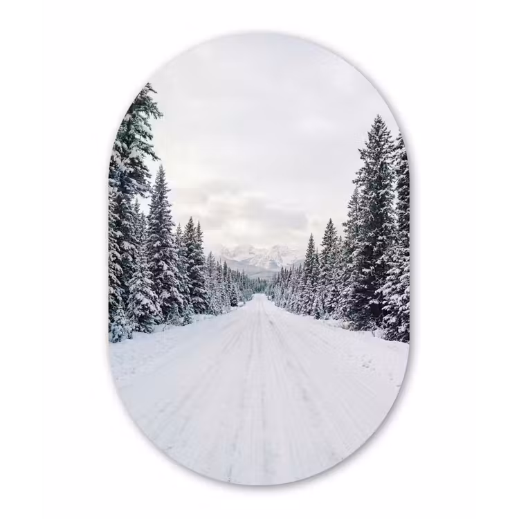 Weg - Sneeuw - Naaldbos - Winter - Avontuurlijk Wandcirkel Ovaal Forex klein -3d