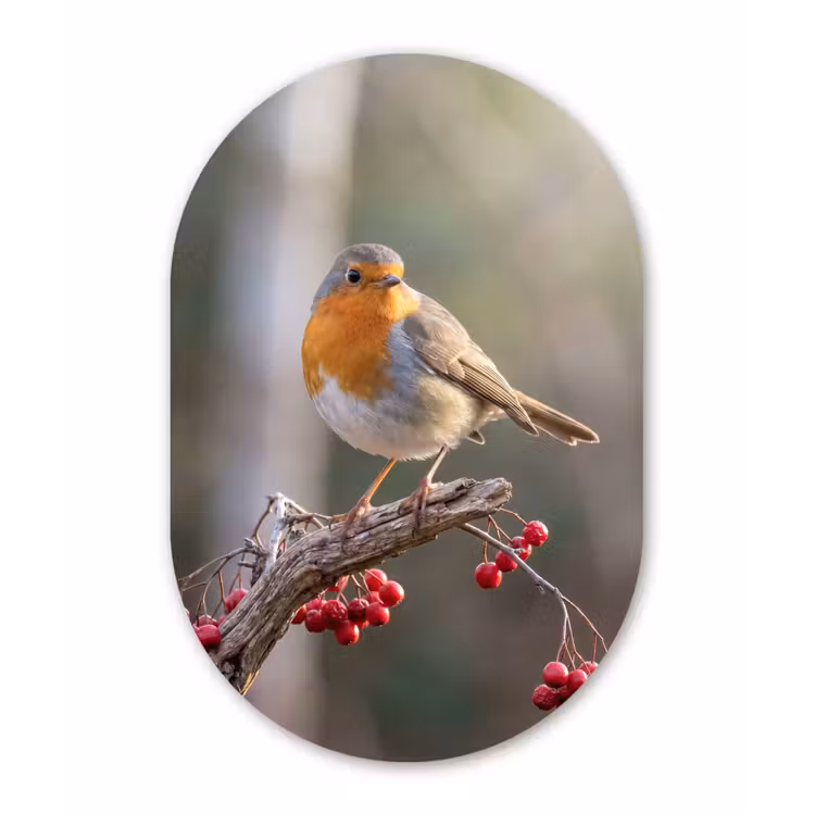 Roodborst - Tak - Bessen - Natuur Wandcirkel Ovaal Forex klein -3d