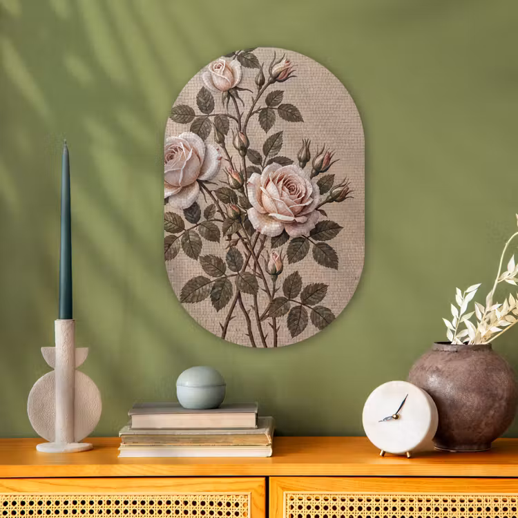 Roos - Mozaïek - Bloemen - Klassiek - Beige Wandcirkel Ovaal Forex klein -sfeer2