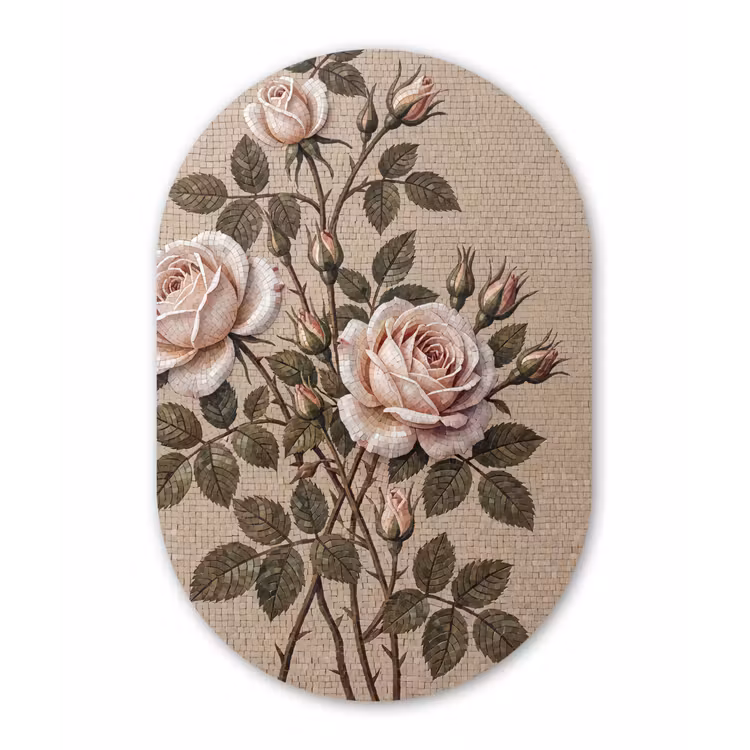 Roos - Mozaïek - Bloemen - Klassiek - Beige Wandcirkel Ovaal Forex klein -3d