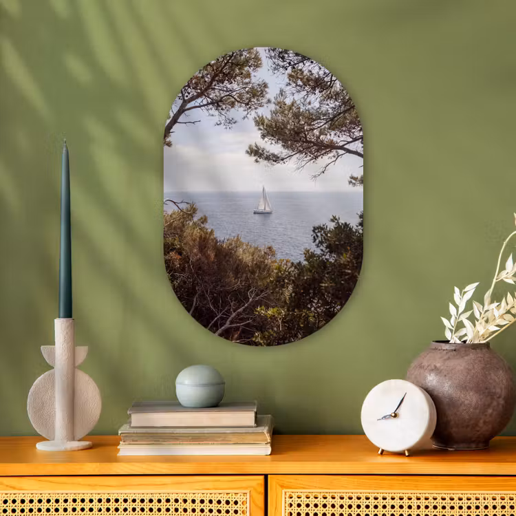 Oval - Plastic - Sailboat - trees - water - Zeilboot - bomen - water Wandcirkel Ovaal Forex klein