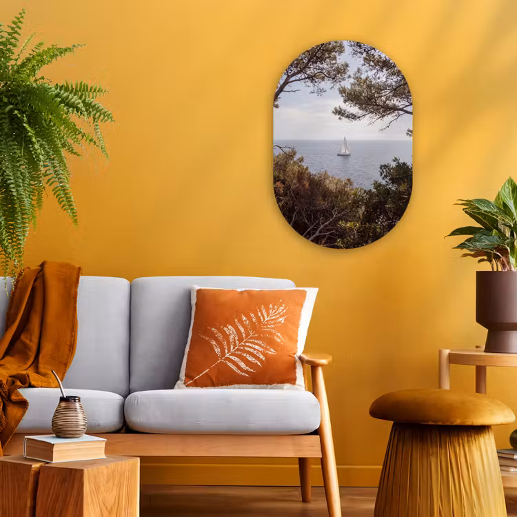 Oval - Plastic - Sailboat - trees - water - Zeilboot - bomen - water Wandcirkel Ovaal Forex klein