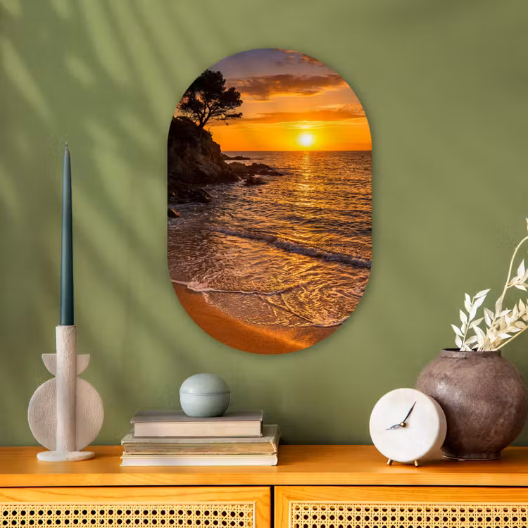 Zee - Kust - Zonsondergang - Natuur - Oranje Wandcirkel Ovaal Forex klein -sfeer2