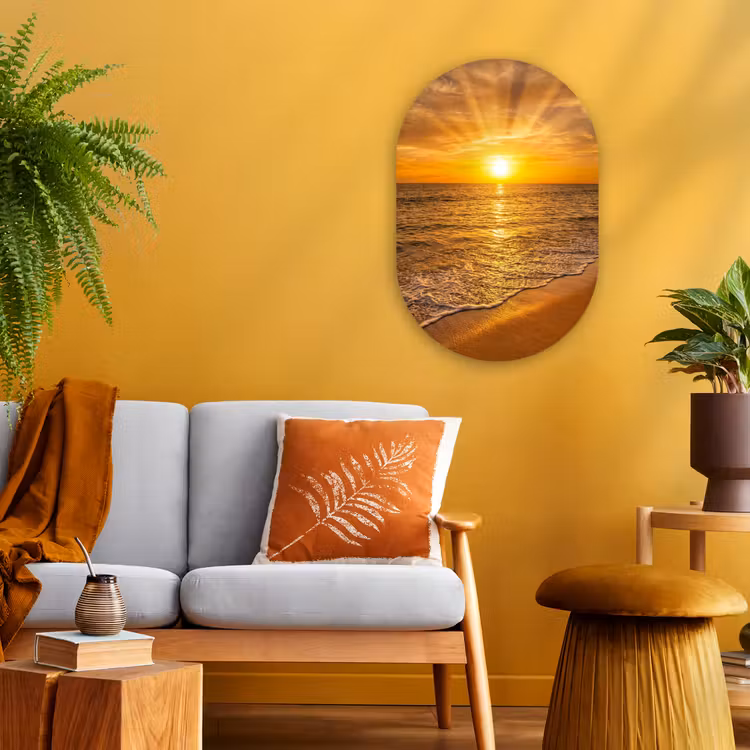 Zee - Zonsondergang - Golven - Kust - Oranje Wandcirkel Ovaal Forex klein -sfeer4