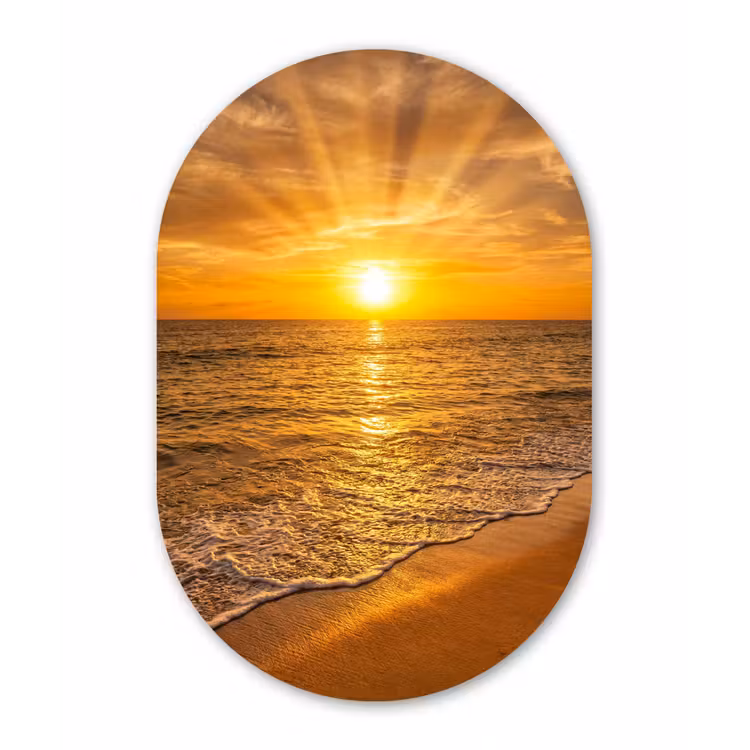 Zee - Zonsondergang - Golven - Kust - Oranje Wandcirkel Ovaal Forex klein -3d