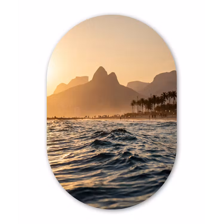 Zee - Golven - Zonsondergang - Kust - Goud Wandcirkel Ovaal Forex klein -3d