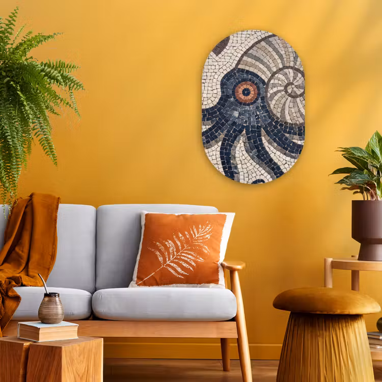 Zeeleven - Mozaïek - Kunst - Vintage - Beige Wandcirkel Ovaal Forex klein -sfeer4