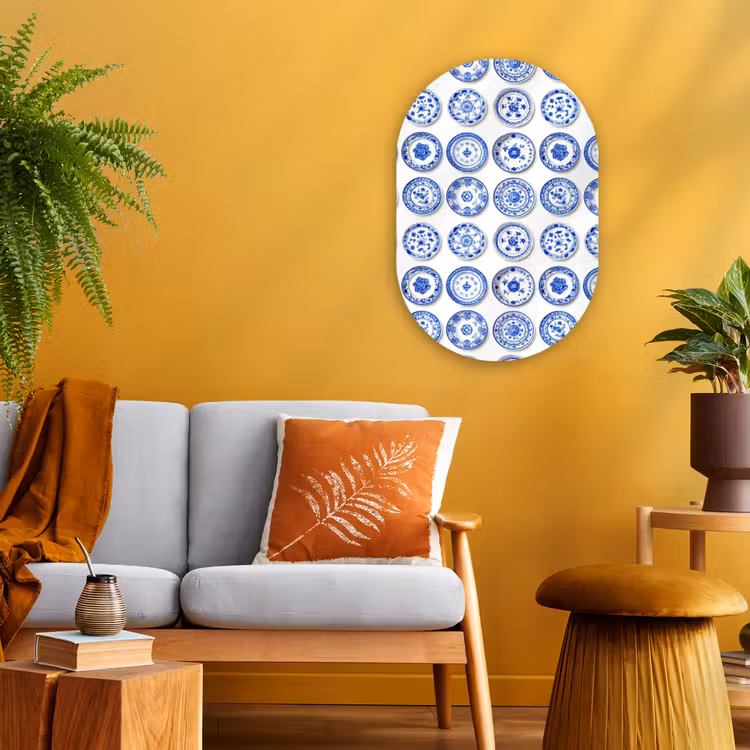 Borden - Bloemen - Patroon - Blauw Wandcirkel Ovaal Forex klein 630 -sfeer4