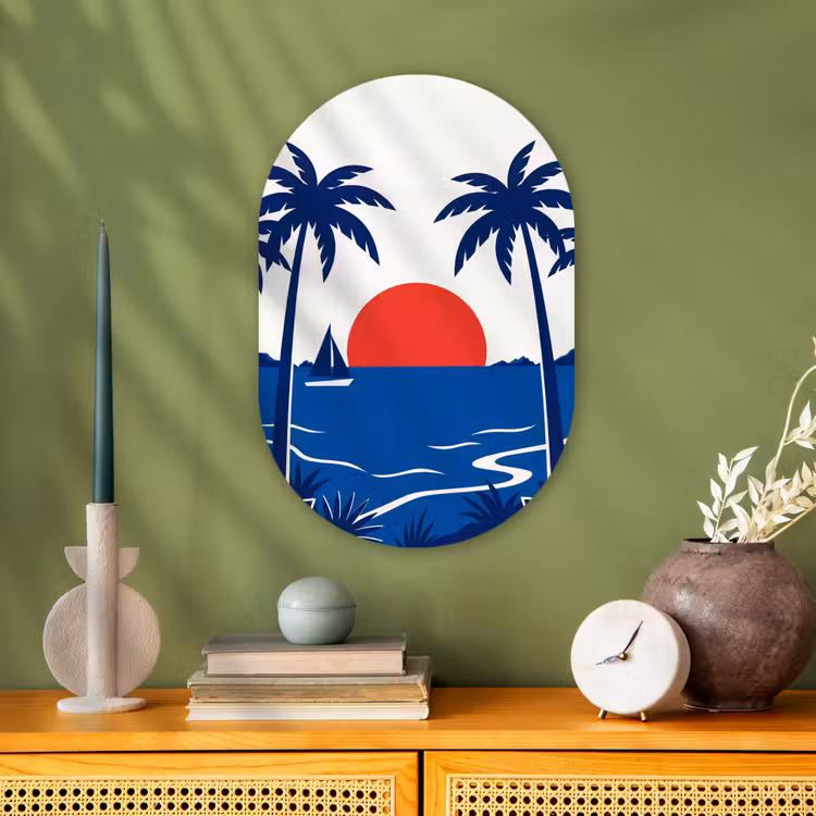 Zonsondergang - Zee - Palmboom - Tropisch - Modern Wandcirkel Ovaal Forex klein -sfeer2