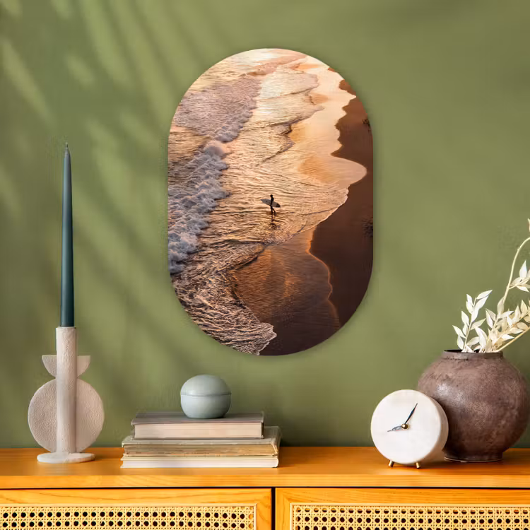 Surfer - Strand - Zonsondergang - Oceaan - Goud Wandcirkel Ovaal Forex klein -sfeer2