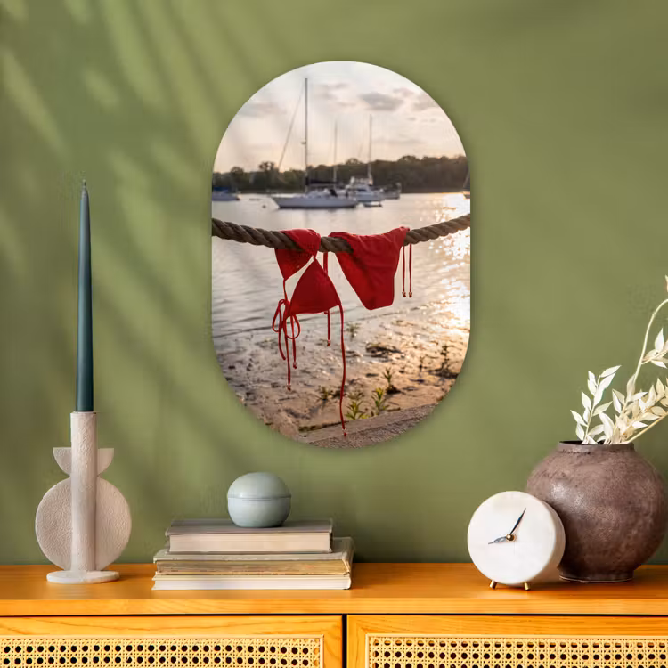 Badkleding - Rood - Zomer - Water - Zonsondergang Wandcirkel Ovaal Forex klein -sfeer2