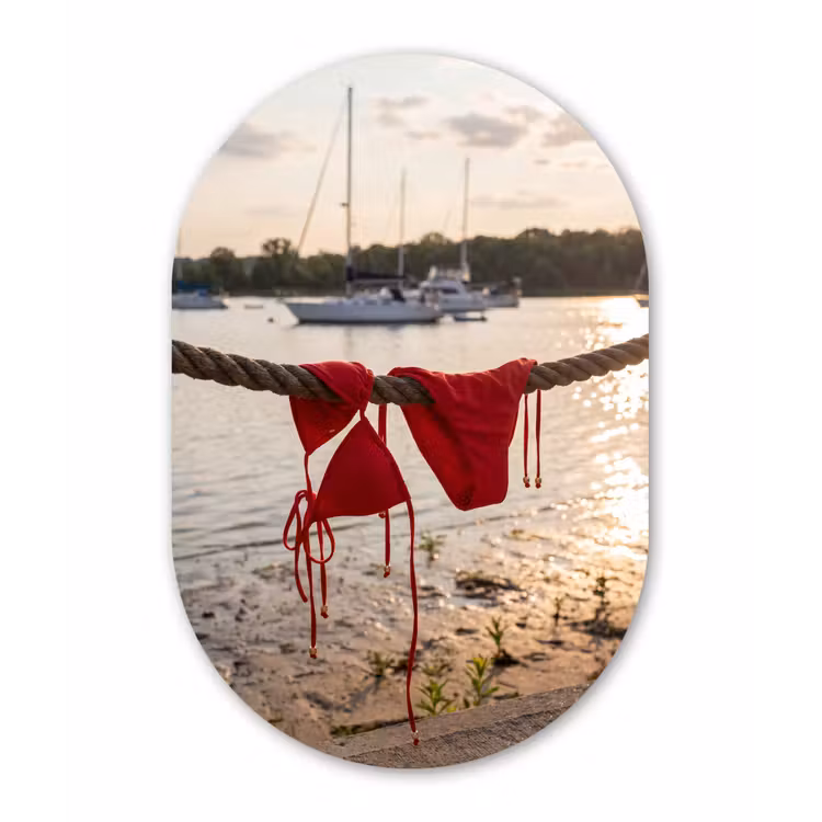 Badkleding - Rood - Zomer - Water - Zonsondergang Wandcirkel Ovaal Forex klein -3d
