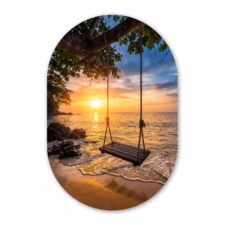 Schommel - Strand - Zonsondergang - Natuur - Oranje Wandcirkel Ovaal Forex klein -3d