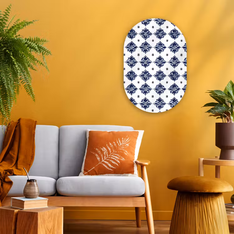 Tegelmotief - Blauw - Wit - Bloem Wandcirkel Ovaal Forex klein 630 -sfeer4
