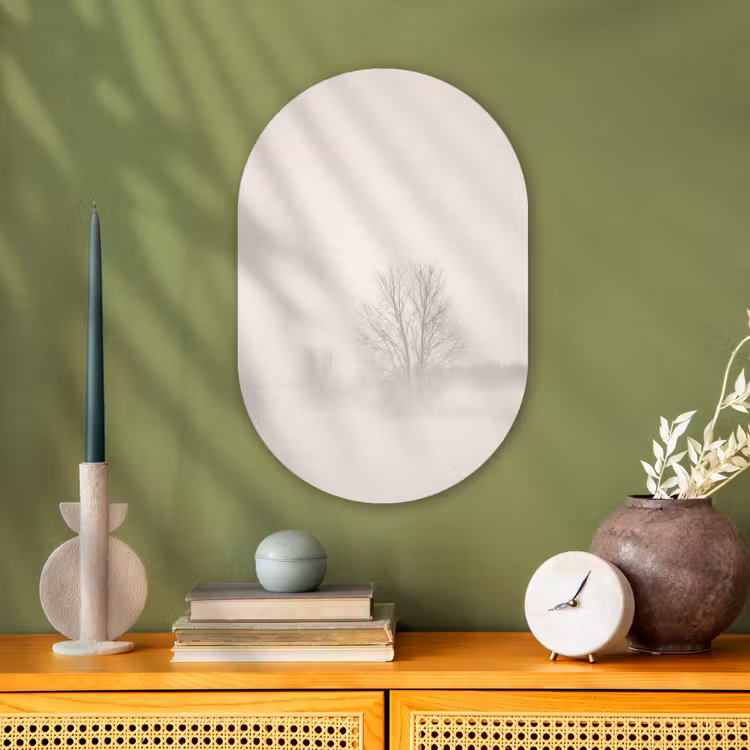 Boom - Mist - Sneeuw - Winter - Minimalistisch Wandcirkel Ovaal Forex klein -sfeer2