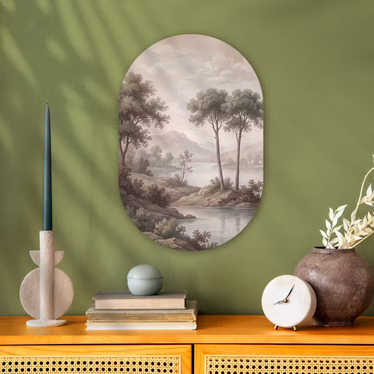 Bomen - Meer - Bergen - Illustratie Wandcirkel Ovaal Forex klein -sfeer2