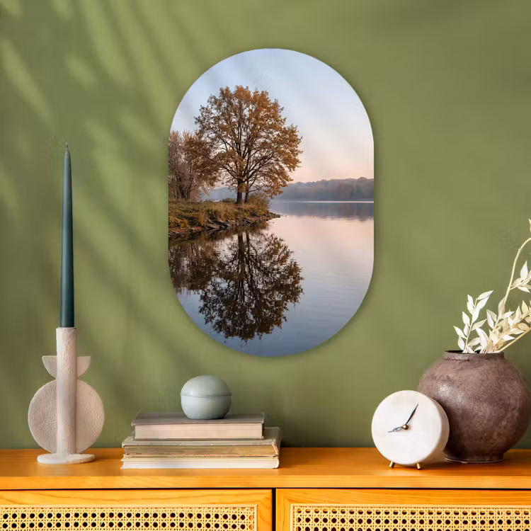 Bomen - Reflectie - Water - Zonsopgang - Serene Wandcirkel Ovaal Forex klein -sfeer2
