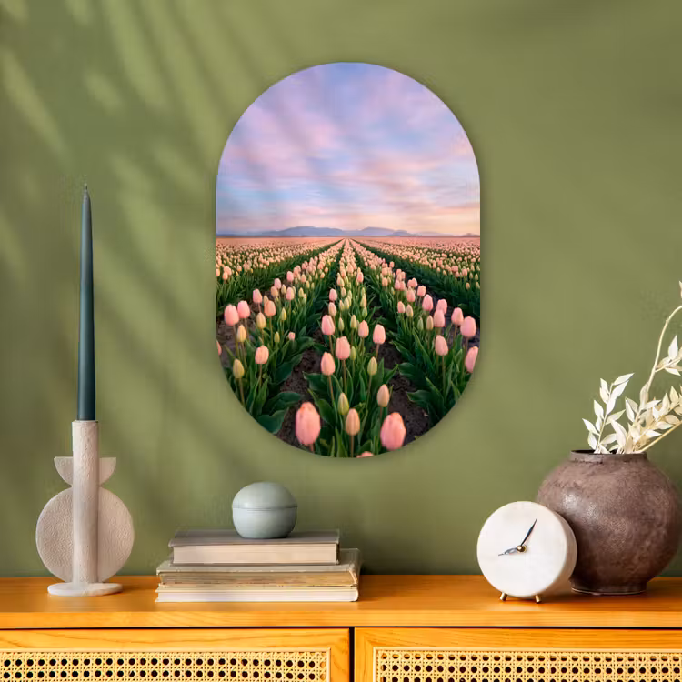 Tulpen - Landschap - Roze Wandcirkel Ovaal Forex klein -sfeer2
