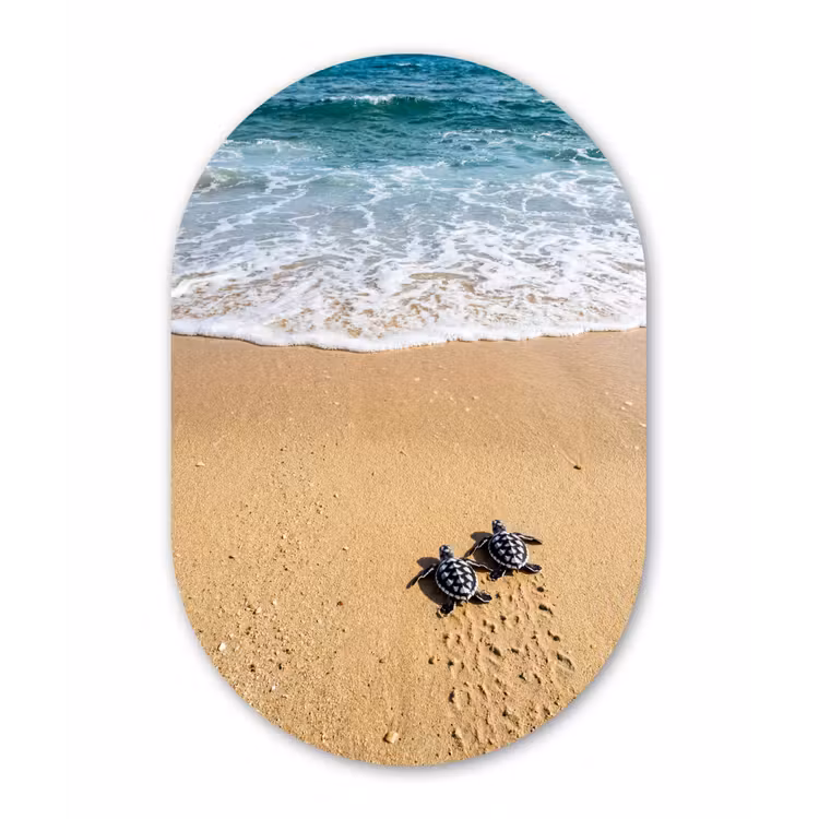 Schildpad - Jong - Strand - Oceaan - Blauw Wandcirkel Ovaal Forex klein -3d