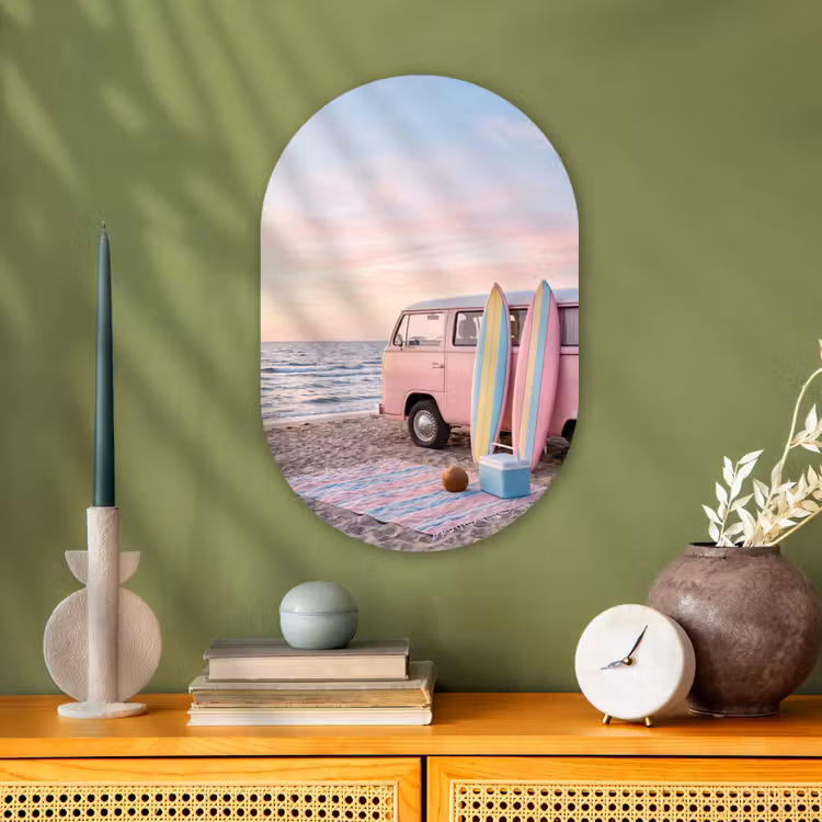 Busje - Strand - Surfplank - Zomer - Roze Wandcirkel Ovaal Forex klein -sfeer2