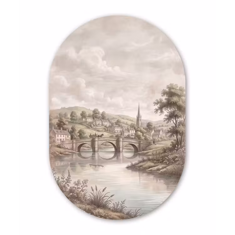 Dorp - Brug - Uitzicht - Groen Wandcirkel Ovaal Forex klein -3d