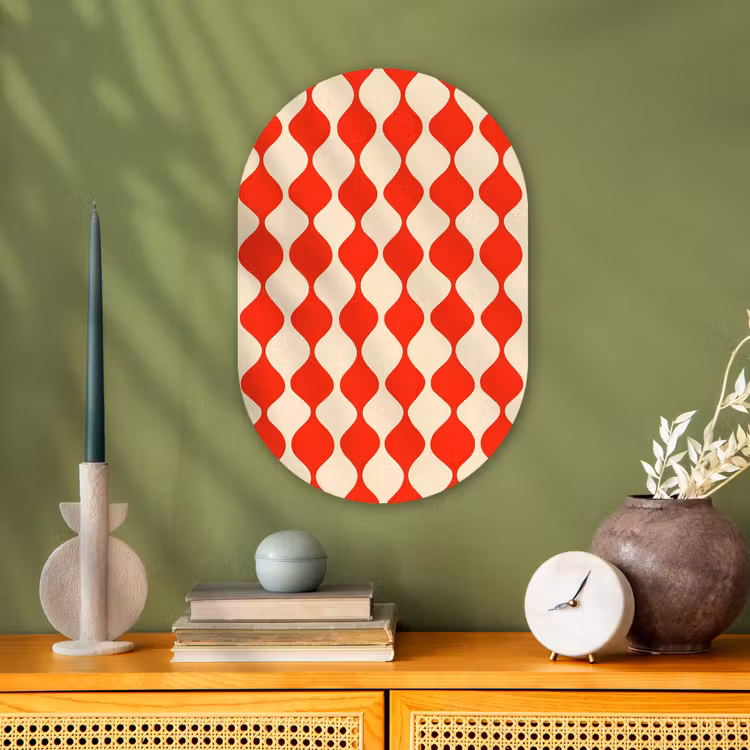 Golvend patroon - Retro - Rood - Beige Wandcirkel Ovaal Forex klein 630 -sfeer2