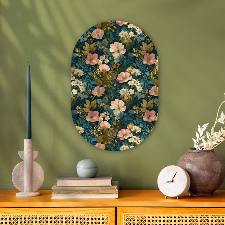 Wilde bloemen - Botanisch - Patroon - Roze - Romantisch Wandcirkel Ovaal Forex klein 630 -sfeer2