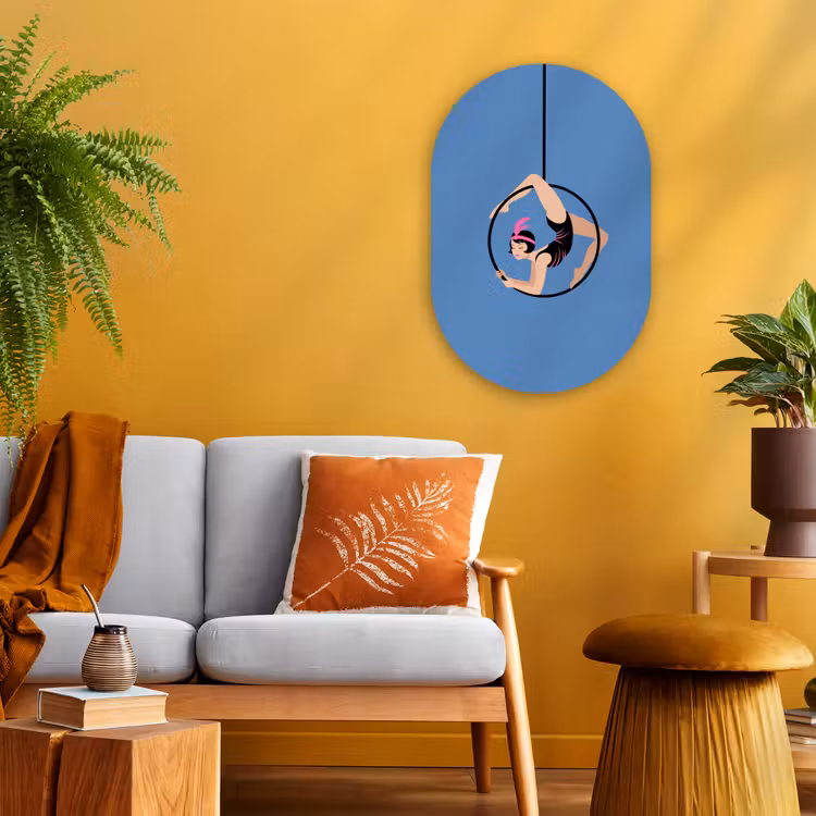 Vrouw - Aerial hoop - Art deco - Illustratie - Blauw Wandcirkel Ovaal Forex klein -sfeer4