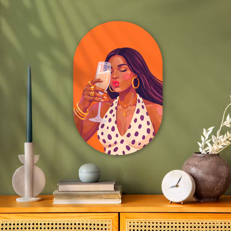 Vrouw - Champagne - Feest - Modern - Oranje Wandcirkel Ovaal Forex klein -sfeer2