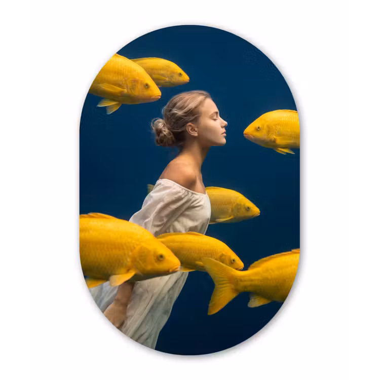 Vrouw - Vis - Water - Natuur - Geel Wandcirkel Ovaal Forex klein -3d