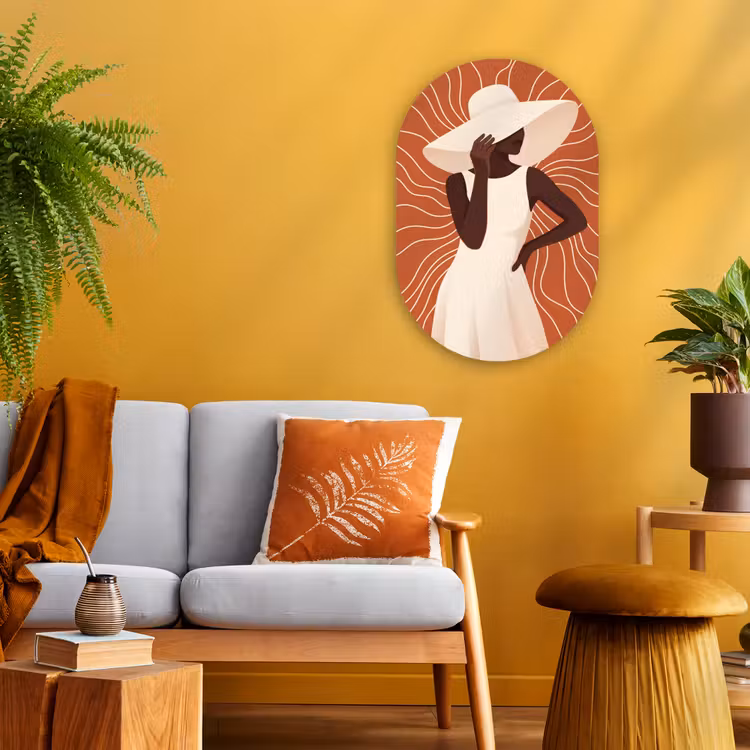 Vrouw - Hoed - Portret - Modern - Beige Wandcirkel Ovaal Forex klein -sfeer4