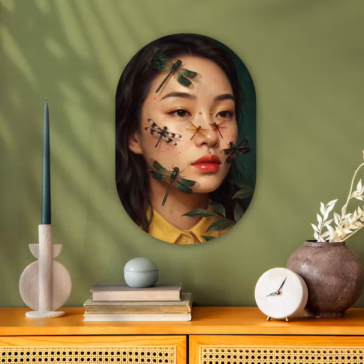 Vrouw - Insecten - Natuur - Portret - Groen Wandcirkel Ovaal Forex klein -sfeer2