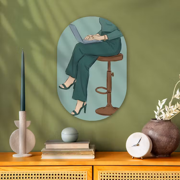 Vrouw - Laptop - Zittend - Illustratie - Groen Wandcirkel Ovaal Forex klein -sfeer2