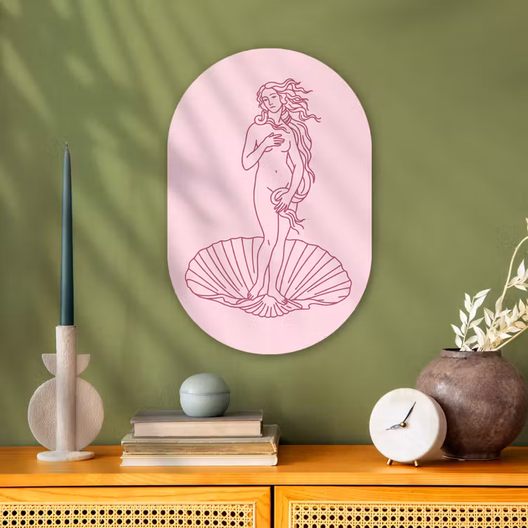 Vrouw - Schelp - Kunst - Lijntekening - Roze Wandcirkel Ovaal Forex klein -sfeer2