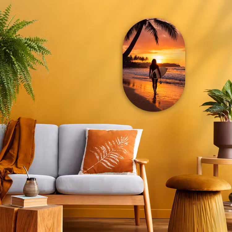Vrouw - Surfplank - Strand - Zonsondergang - Oranje Wandcirkel Ovaal Forex klein -sfeer4