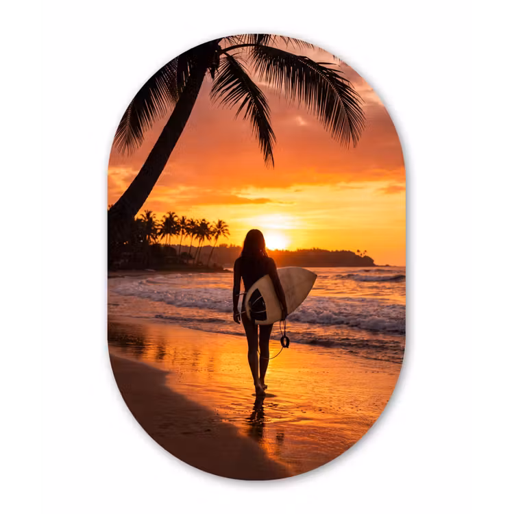 Vrouw - Surfplank - Strand - Zonsondergang - Oranje Wandcirkel Ovaal Forex klein -3d