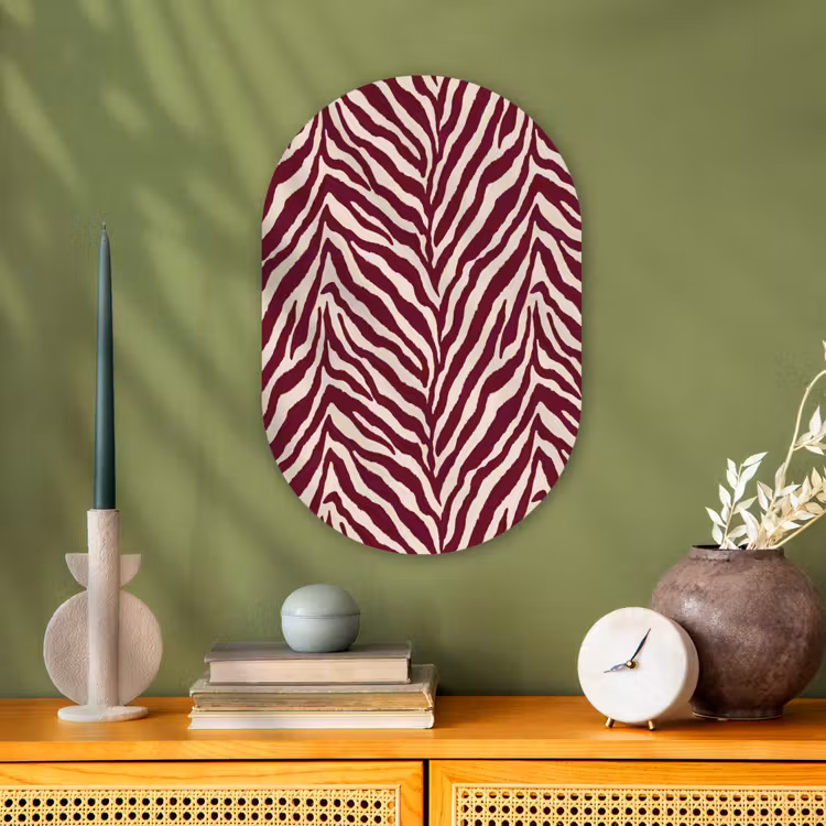 Zebra - Motief - Bordeaux - Rood Wandcirkel Ovaal Forex klein 630 -sfeer2