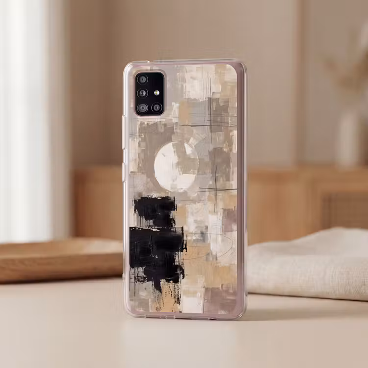 Abstract - Cirkel - Modern - Beige - Zwart - Minimalistisch Telefoonhoesje Samsung Galaxy A51 5G klein -sfeer2