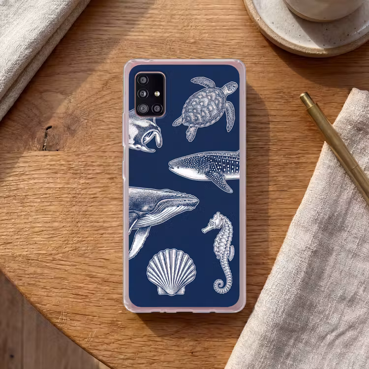 Dieren - Zeeleven - Oceaan - Graveren - Blauw Telefoonhoesje Samsung Galaxy A51 5G klein -sfeer1