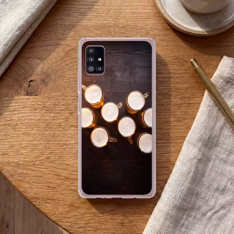 Bier - Glazen - Schuim - Hout - Drank Telefoonhoesje Samsung Galaxy A51 5G klein -sfeer1