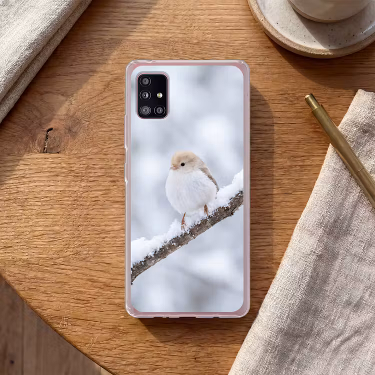 Vogeltje - Sneeuw - Tak - Winter - Zacht Telefoonhoesje Samsung Galaxy A51 5G klein -sfeer1