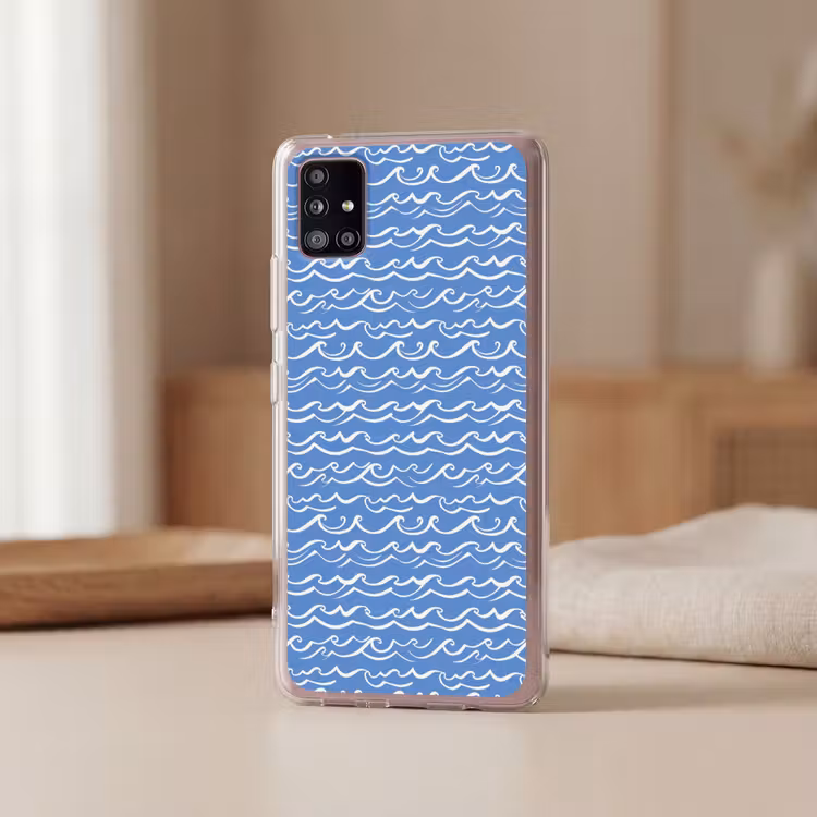 Blauw - Wit - Simpel - Getekend - Golven Telefoonhoesje Samsung Galaxy A51 5G klein 373 -sfeer2