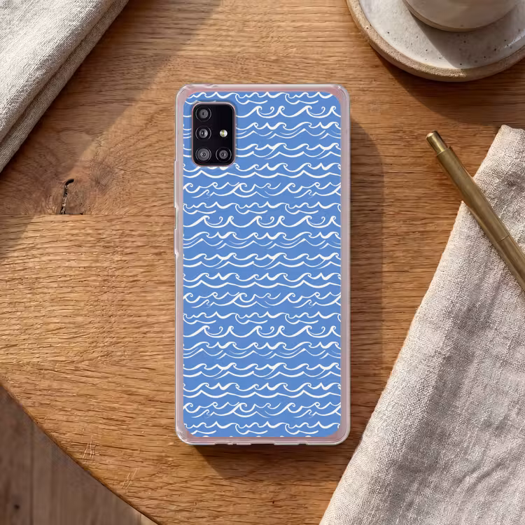 Blauw - Wit - Simpel - Getekend - Golven Telefoonhoesje Samsung Galaxy A51 5G klein 373 -sfeer1